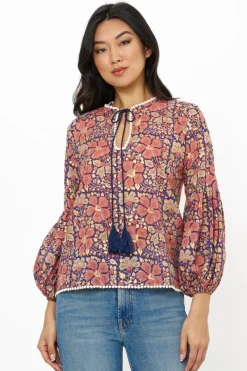 Oliphant Balloon Sleeve Tie Top- Matera Navy