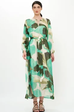 Oliphant Belted Long Sleeve Shift Maxi- Ginkgo Green