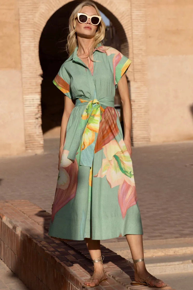 Oliphant Belted Shirt Dress- Hibiscus Sage