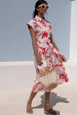 Oliphant Belted Shirt Dress- Orchid Red
