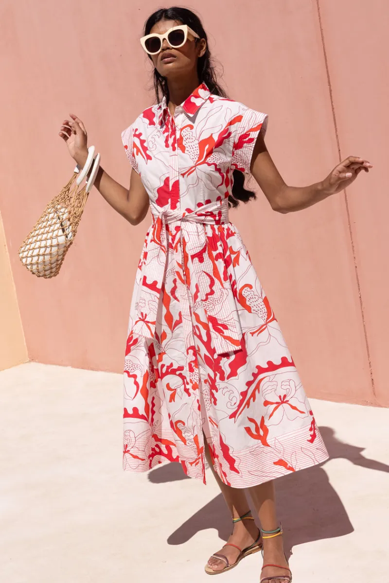 Oliphant Belted Shirt Dress- Orchid Red