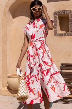 Oliphant Belted Shirt Dress- Orchid Red