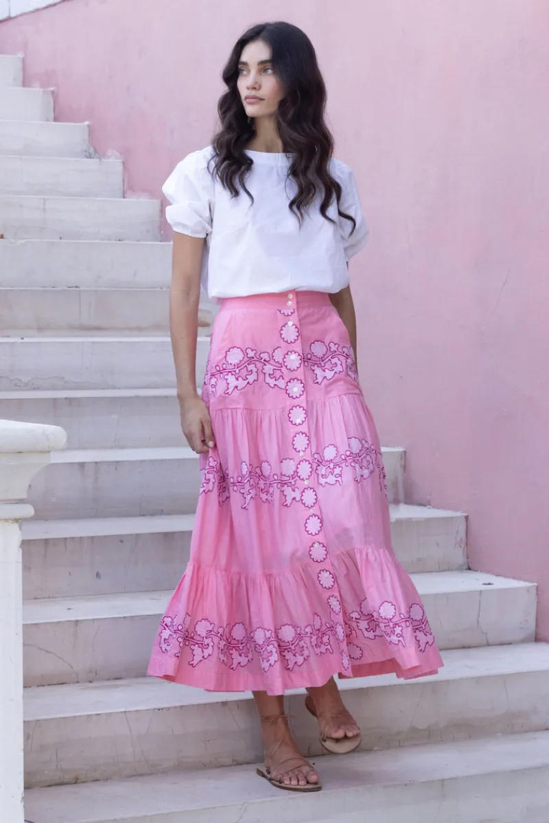 Oliphant Button Front Skirt- Tangier Pink