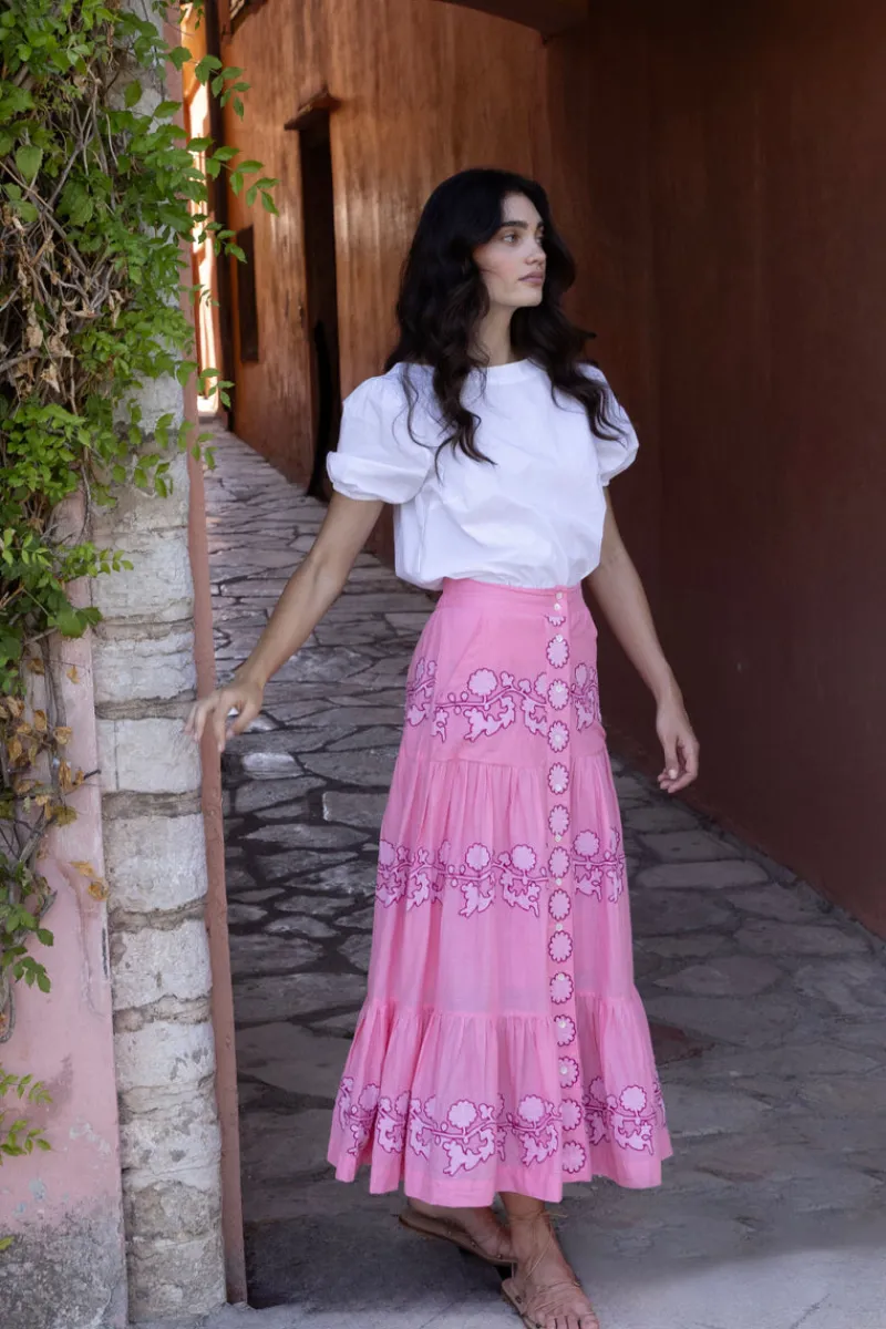 Oliphant Button Front Skirt- Tangier Pink