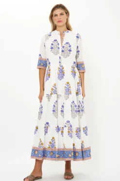 Oliphant Button Neck 3/4 Sleeve Maxi- Napa Blue