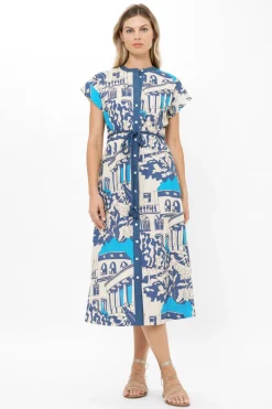 Oliphant Cap Sleeve Shirt Dress Midi- Roma Blue