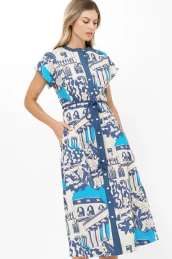 Oliphant Cap Sleeve Shirt Dress Midi- Roma Blue