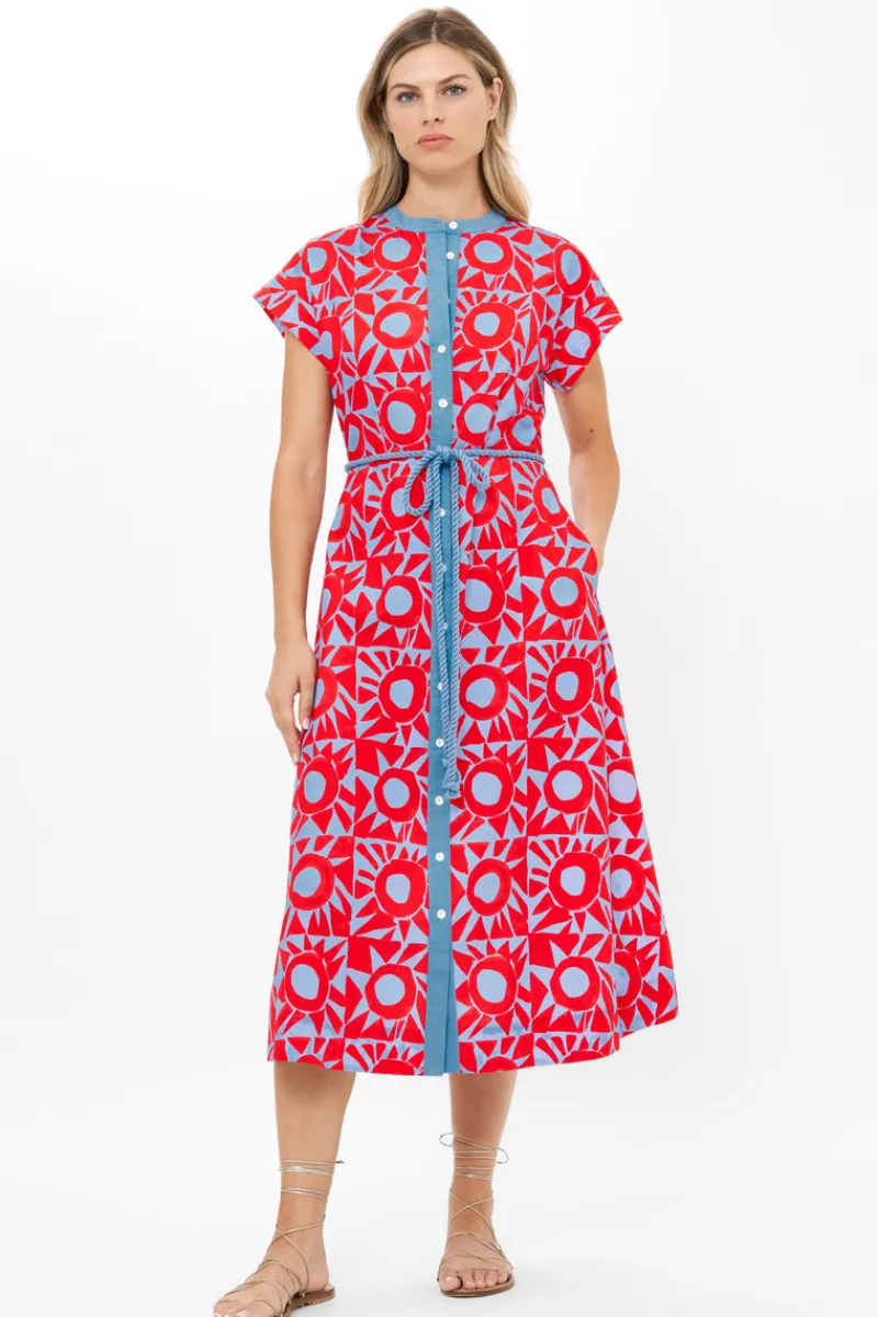 Oliphant Cap Sleeve Shirt Dress Midi- Eclipse Red