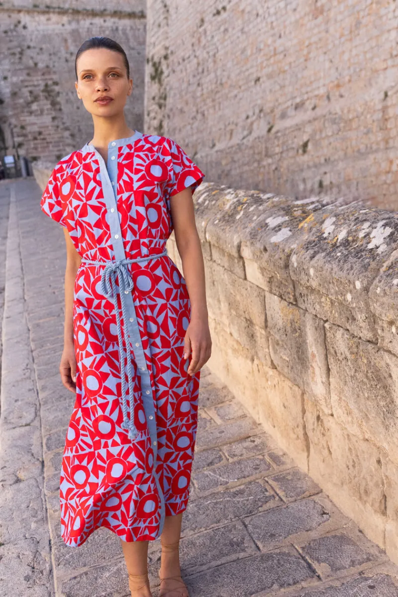 Oliphant Cap Sleeve Shirt Dress Midi- Eclipse Red