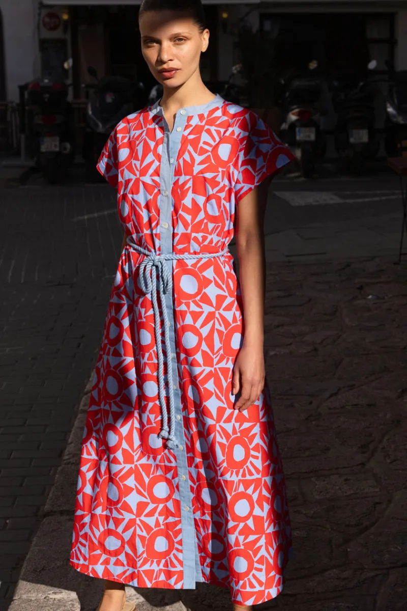Oliphant Cap Sleeve Shirt Dress Midi- Eclipse Red