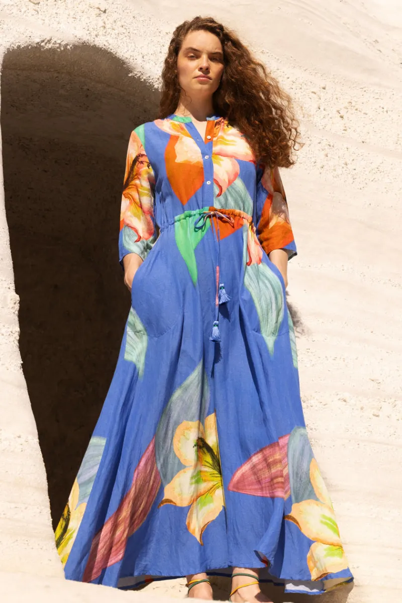 Oliphant Cinched Shirt Dress Maxi- Hibiscus Blue