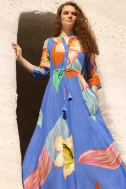 Oliphant Cinched Shirt Dress Maxi- Hibiscus Blue