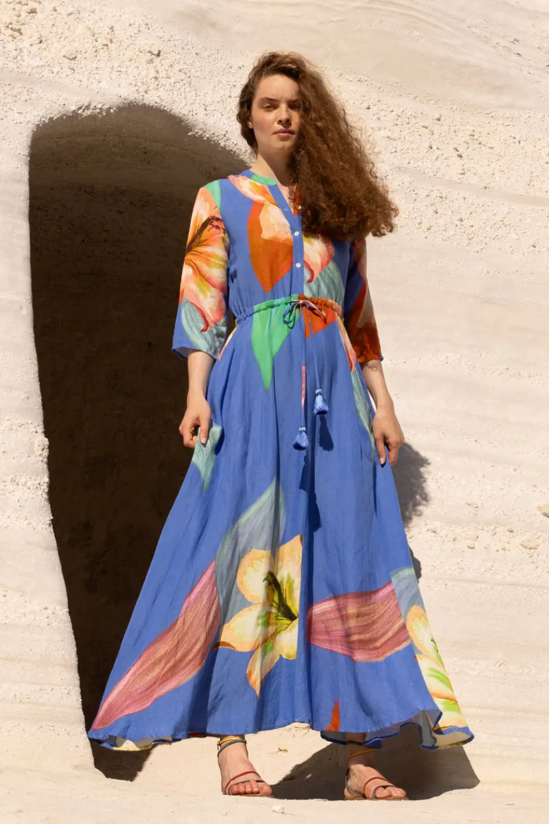 Oliphant Cinched Shirt Dress Maxi- Hibiscus Blue