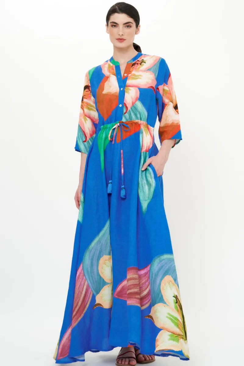 Oliphant Cinched Shirt Dress Maxi- Hibiscus Blue