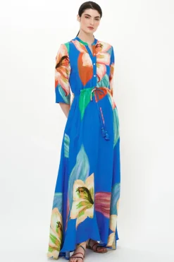 Oliphant Cinched Shirt Dress Maxi- Hibiscus Blue