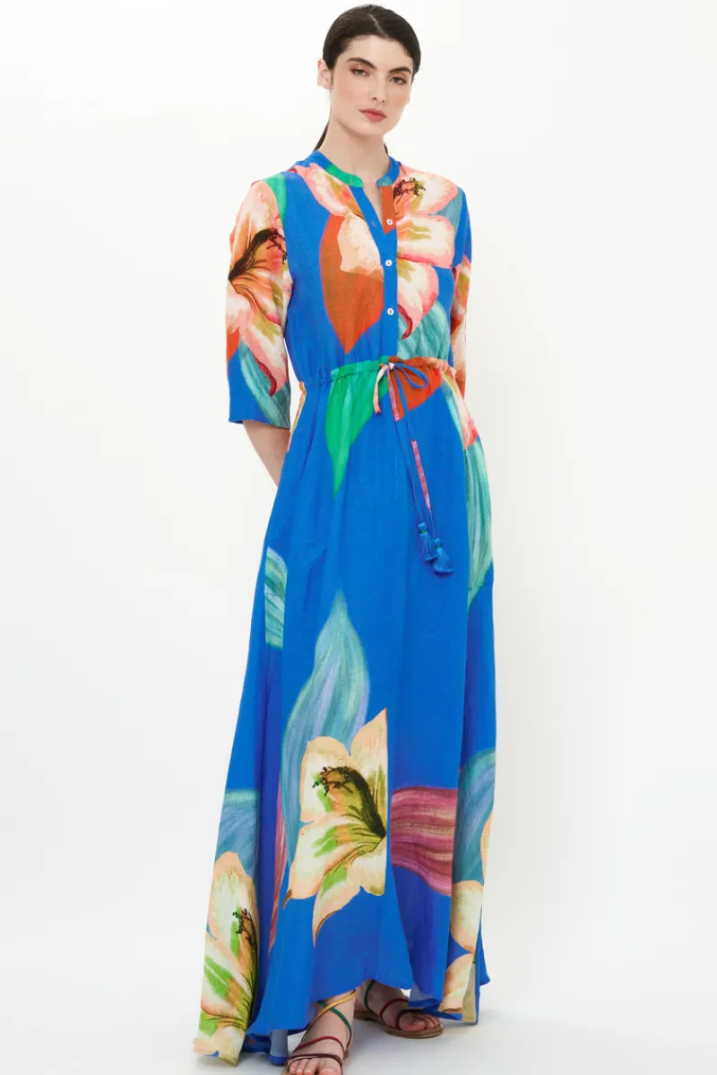 Oliphant Cinched Shirt Dress Maxi- Hibiscus Blue