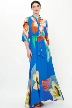 Oliphant Cinched Shirt Dress Maxi- Hibiscus Blue