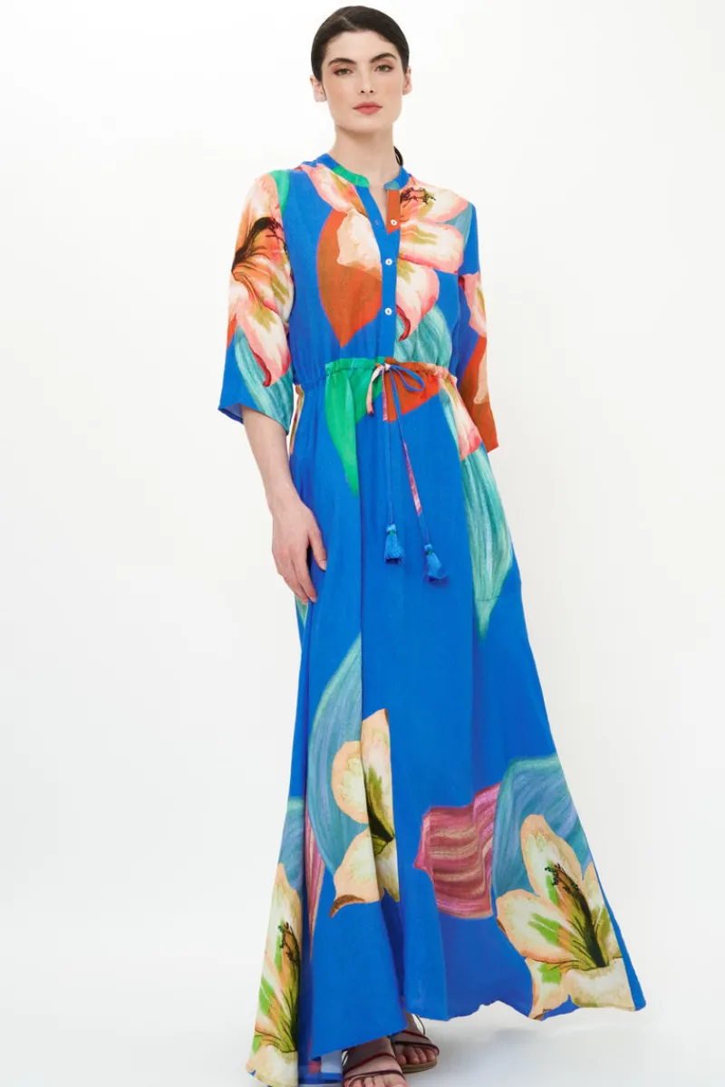 Oliphant Cinched Shirt Dress Maxi- Hibiscus Blue
