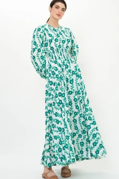 Oliphant Crew Neck Smocked Waist Maxi- Toscana Green