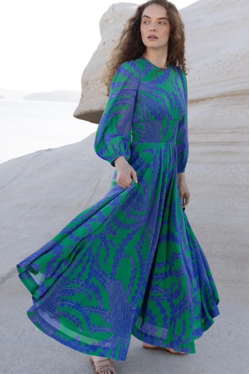 Oliphant Crew Neck Smocked Waist Maxi- Thistle Green