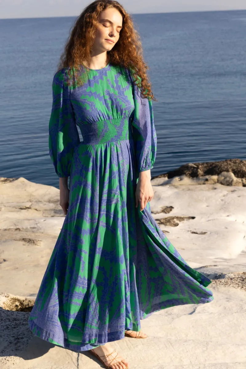 Oliphant Crew Neck Smocked Waist Maxi- Thistle Green