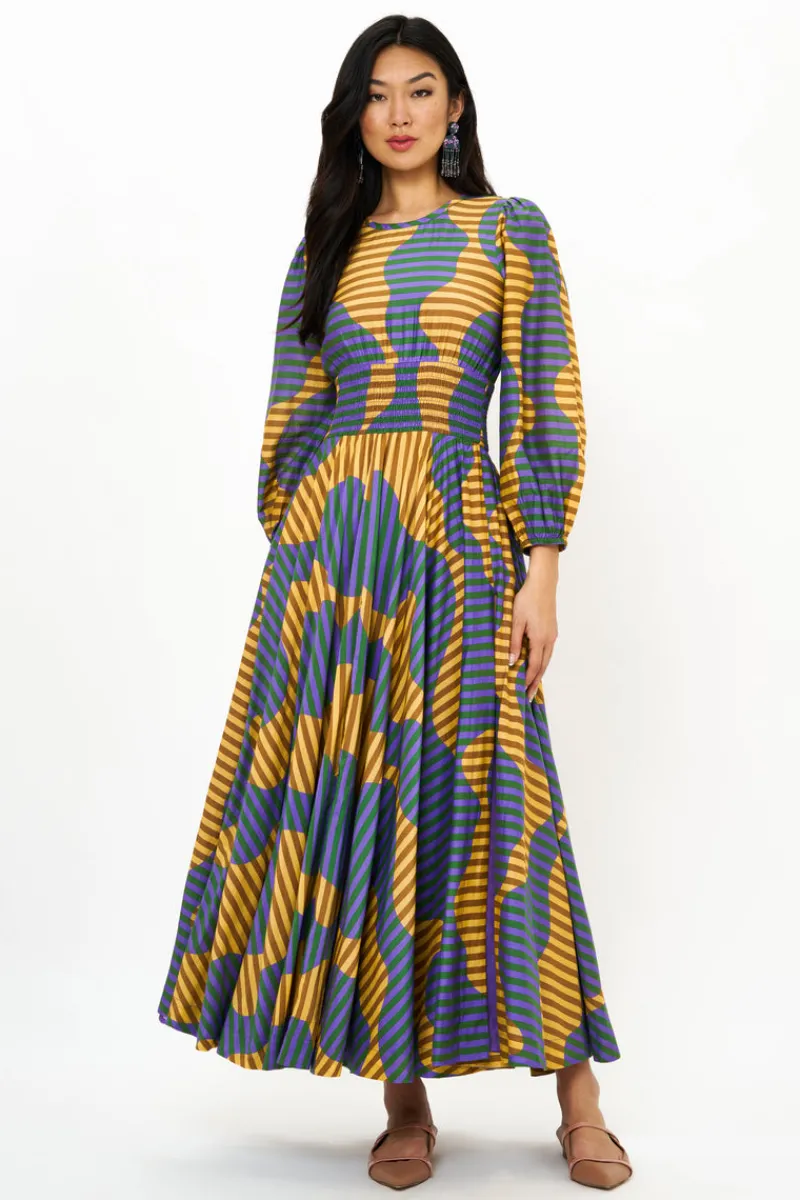Oliphant Crewneck Smocked Waist Maxi- Haring Saffron
