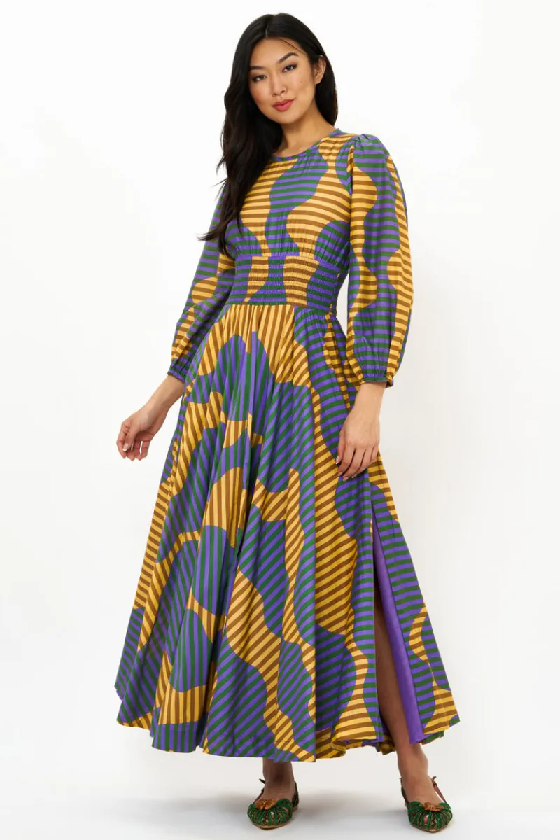 Oliphant Crewneck Smocked Waist Maxi- Haring Saffron