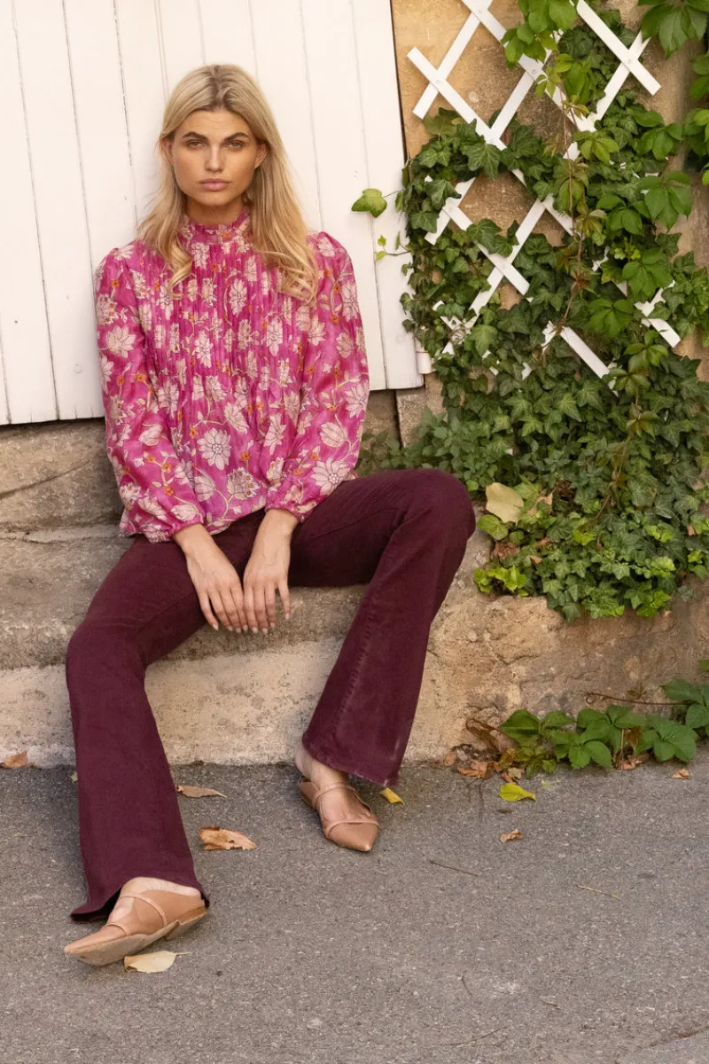 Oliphant Long Sleeve Pintuck Blouse- Presidio Magenta