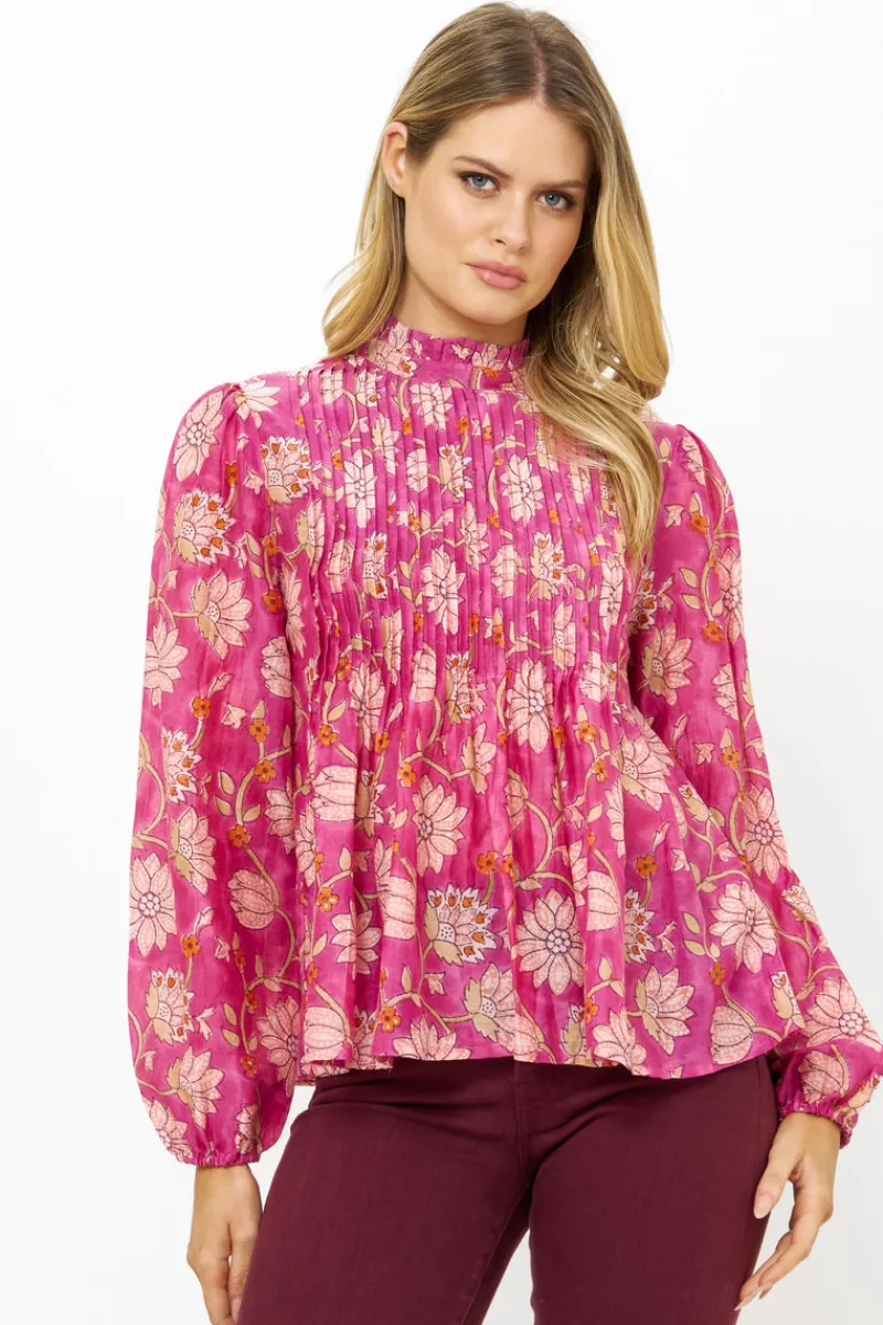 Oliphant Long Sleeve Pintuck Blouse- Presidio Magenta