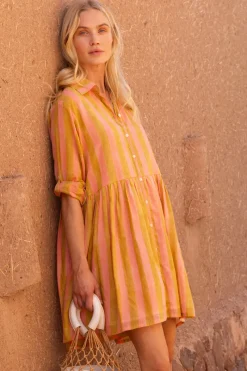 Oliphant Long Sleeve Shirt Dress Mini- Cabana Coral