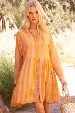Oliphant Long Sleeve Shirt Dress Mini- Cabana Coral
