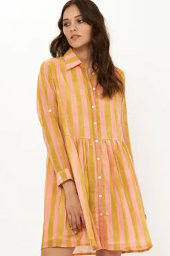 Oliphant Long Sleeve Shirt Dress Mini- Cabana Coral