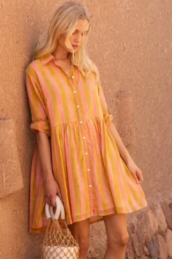 Oliphant Long Sleeve Shirt Dress Mini- Cabana Coral