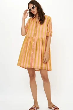 Oliphant Long Sleeve Shirt Dress Mini- Cabana Coral