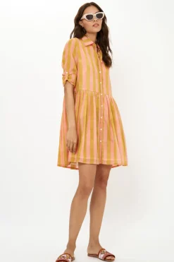Oliphant Long Sleeve Shirt Dress Mini- Cabana Coral