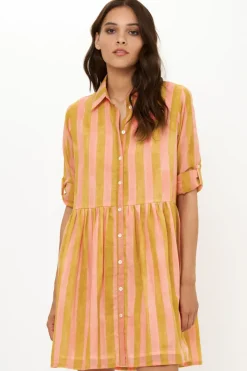 Oliphant Long Sleeve Shirt Dress Mini- Cabana Coral