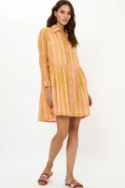 Oliphant Long Sleeve Shirt Dress Mini- Cabana Coral