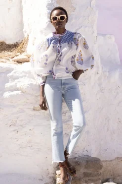 Oliphant Mandarin Pintuck Blouse- Napa Blue