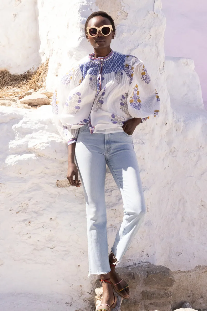 Oliphant Mandarin Pintuck Blouse- Napa Blue