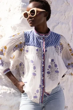 Oliphant Mandarin Pintuck Blouse- Napa Blue