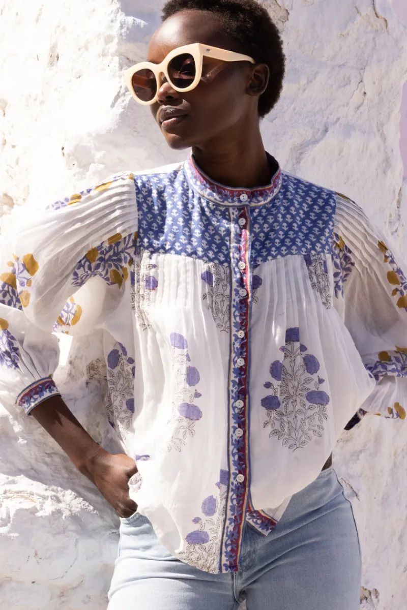 Oliphant Mandarin Pintuck Blouse- Napa Blue