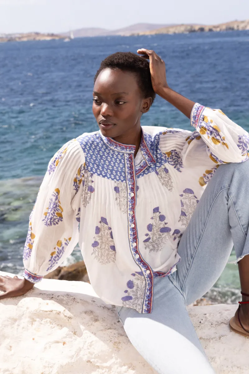 Oliphant Mandarin Pintuck Blouse- Napa Blue