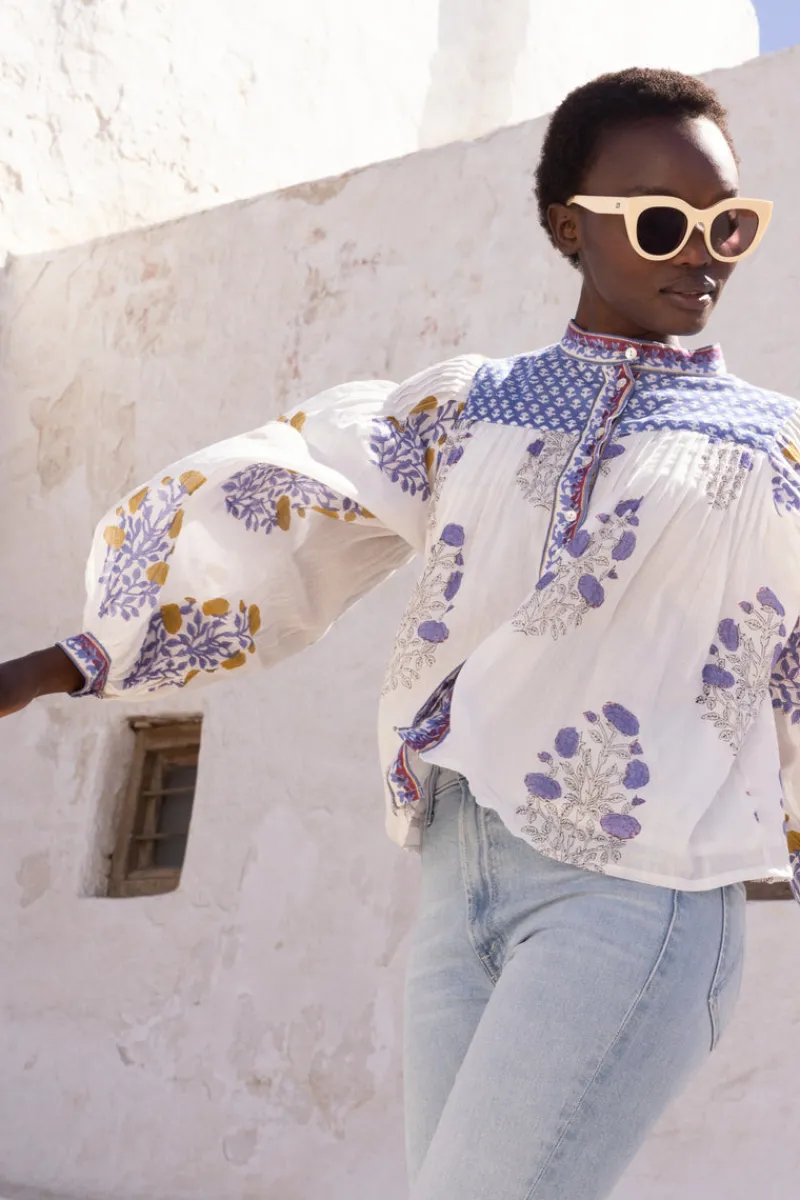 Oliphant Mandarin Pintuck Blouse- Napa Blue