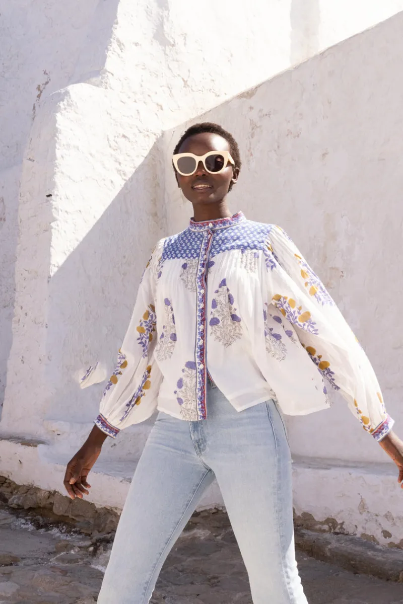 Oliphant Mandarin Pintuck Blouse- Napa Blue