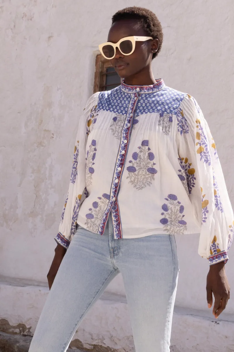 Oliphant Mandarin Pintuck Blouse- Napa Blue