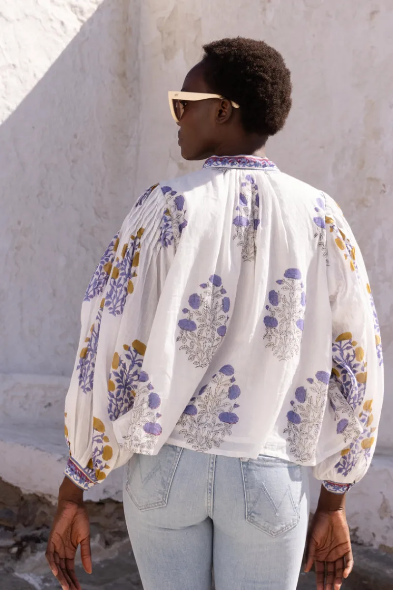 Oliphant Mandarin Pintuck Blouse- Napa Blue