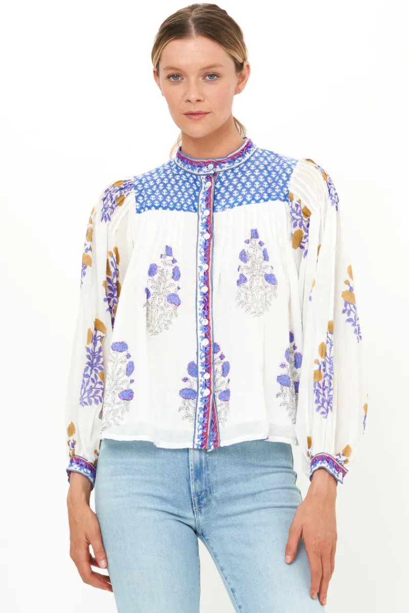 Oliphant Mandarin Pintuck Blouse- Napa Blue