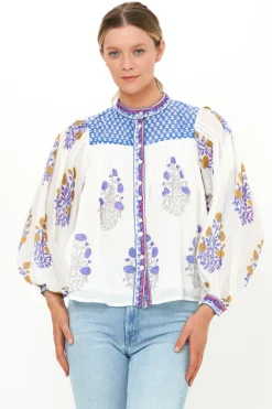 Oliphant Mandarin Pintuck Blouse- Napa Blue
