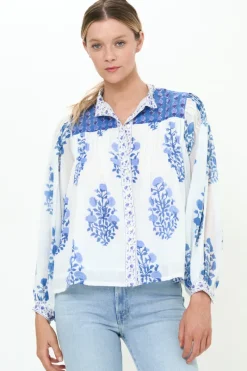 Oliphant Mandarin Pintuck Blouse- Salvia Blue