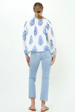 Oliphant Mandarin Pintuck Blouse- Salvia Blue